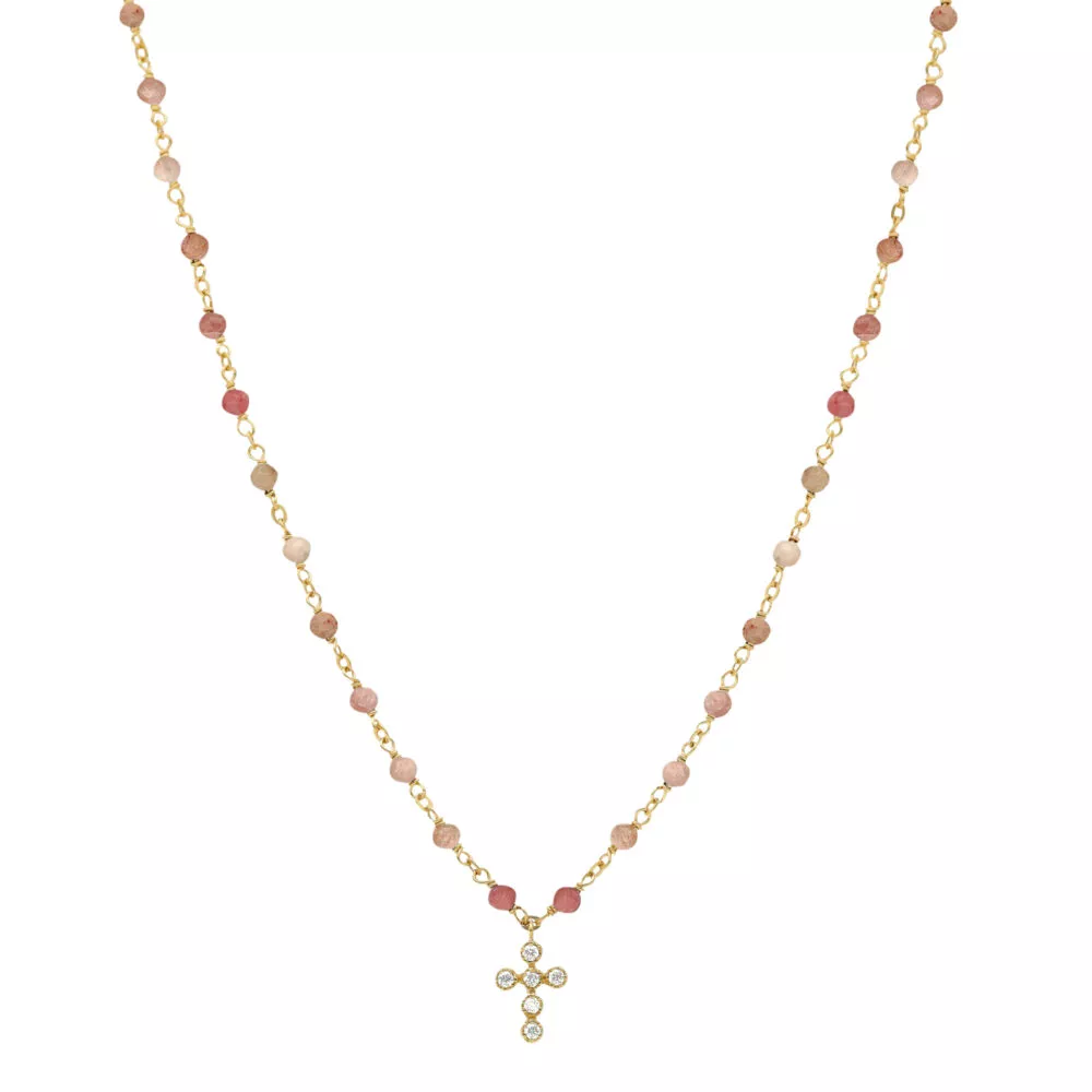 Orus jaune collier quartz rose croix 40cm